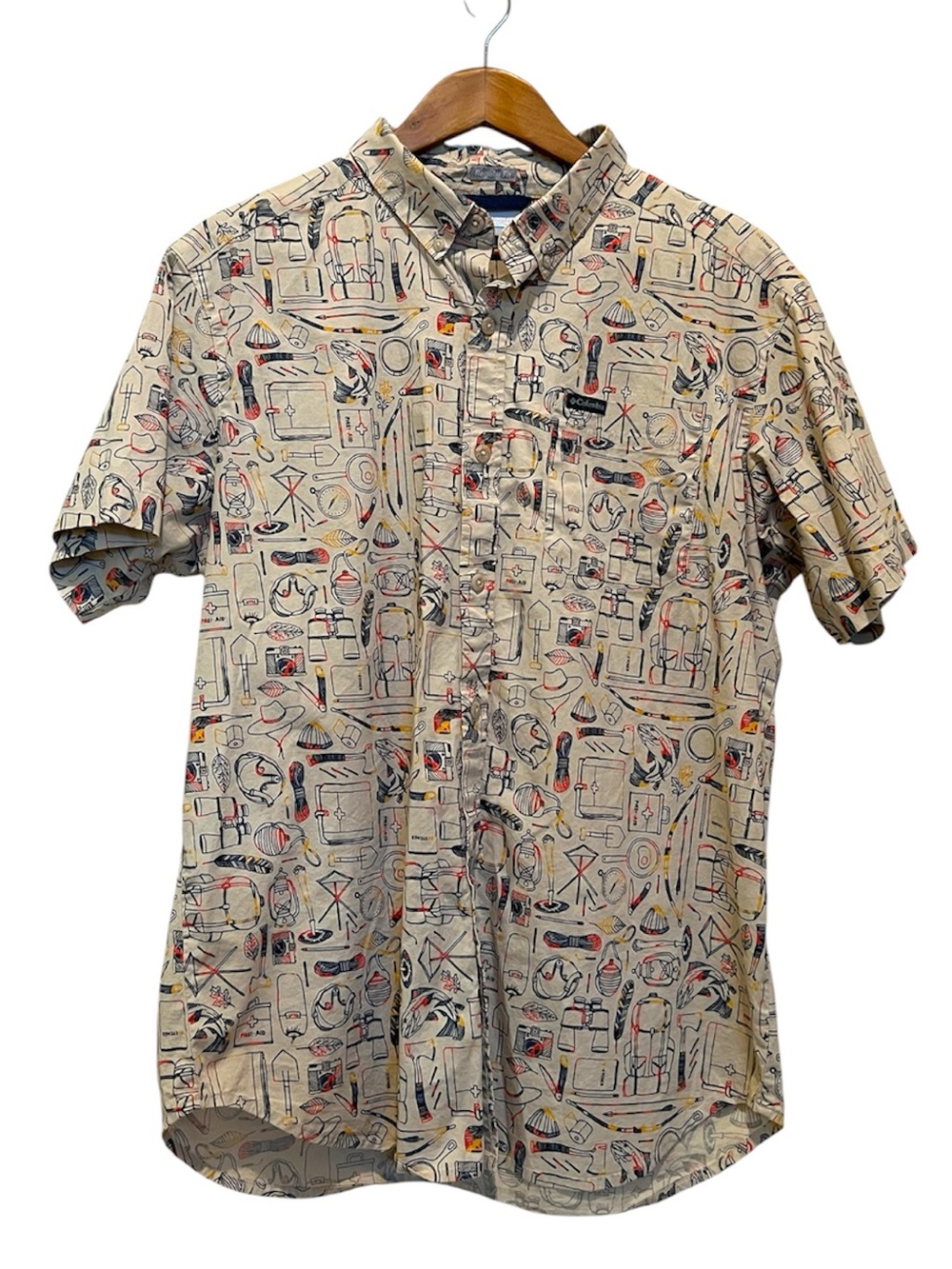 Columbia Men’s Button Front Shirt Size Medium Tan Outdoor Hiking Print Gorpcore